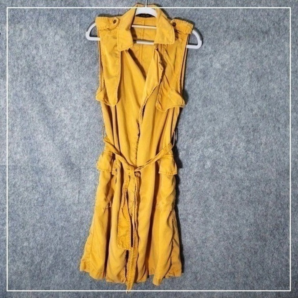 Zara Tunic XS Yellow Longline Belted Collared‎ Sleeveless Trench Quiet Luxury